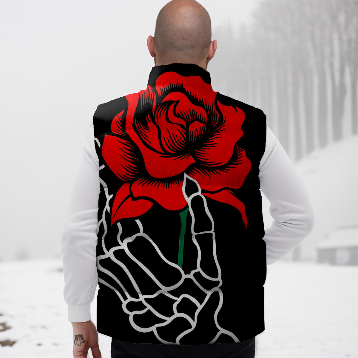 Tattoo Red Roses Print Down Vest