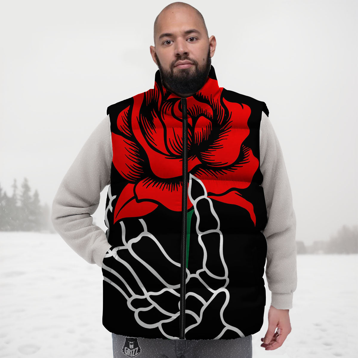 Tattoo Red Roses Print Down Vest