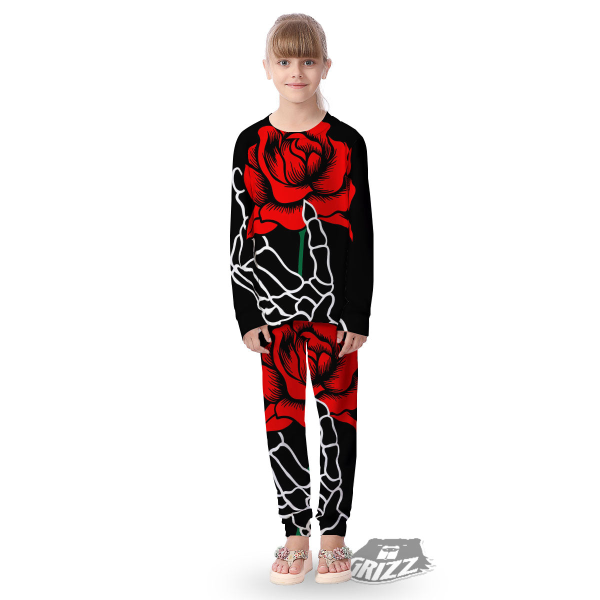 Tattoo Red Roses Print Kid's Pajamas-grizzshop