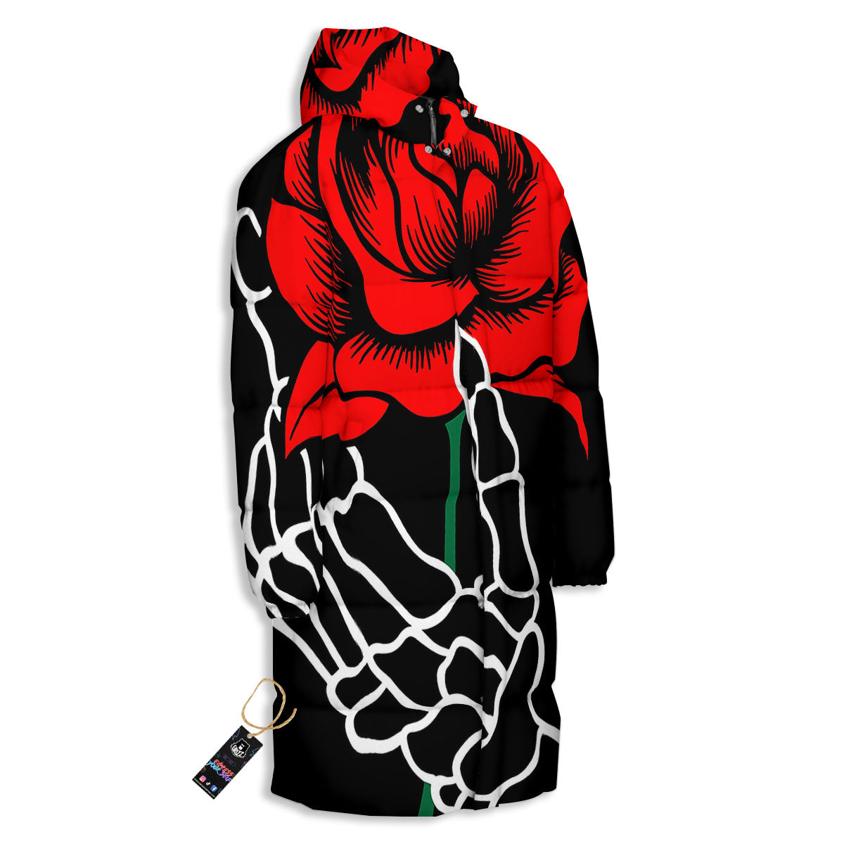Tattoo Red Roses Print Long Down Jacket-grizzshop