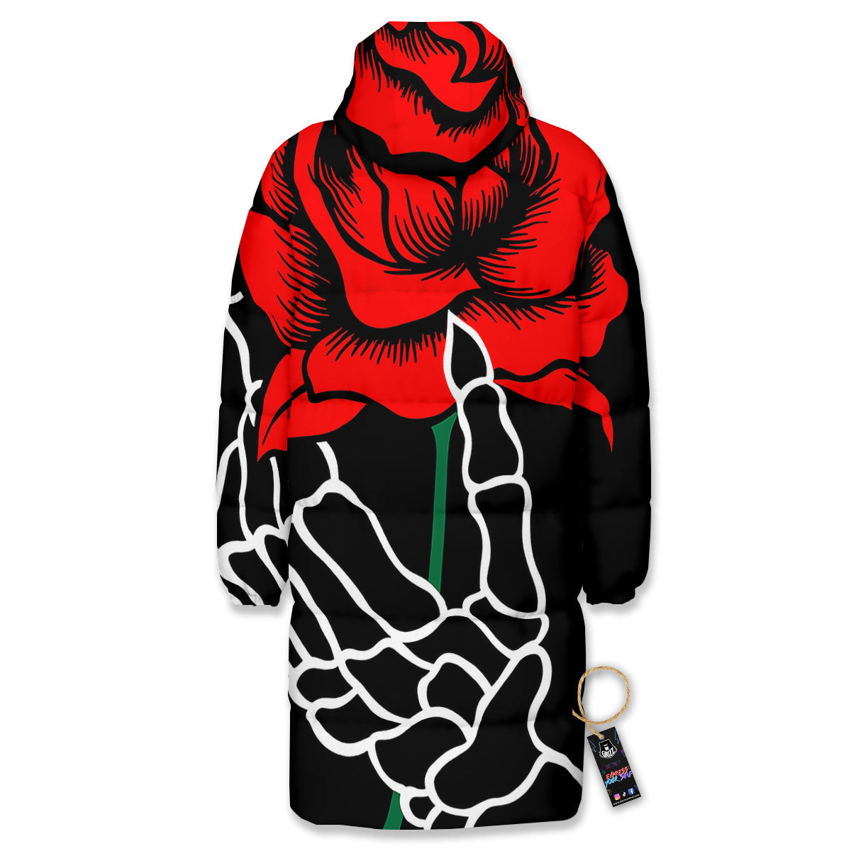 Tattoo Red Roses Print Long Down Jacket-grizzshop