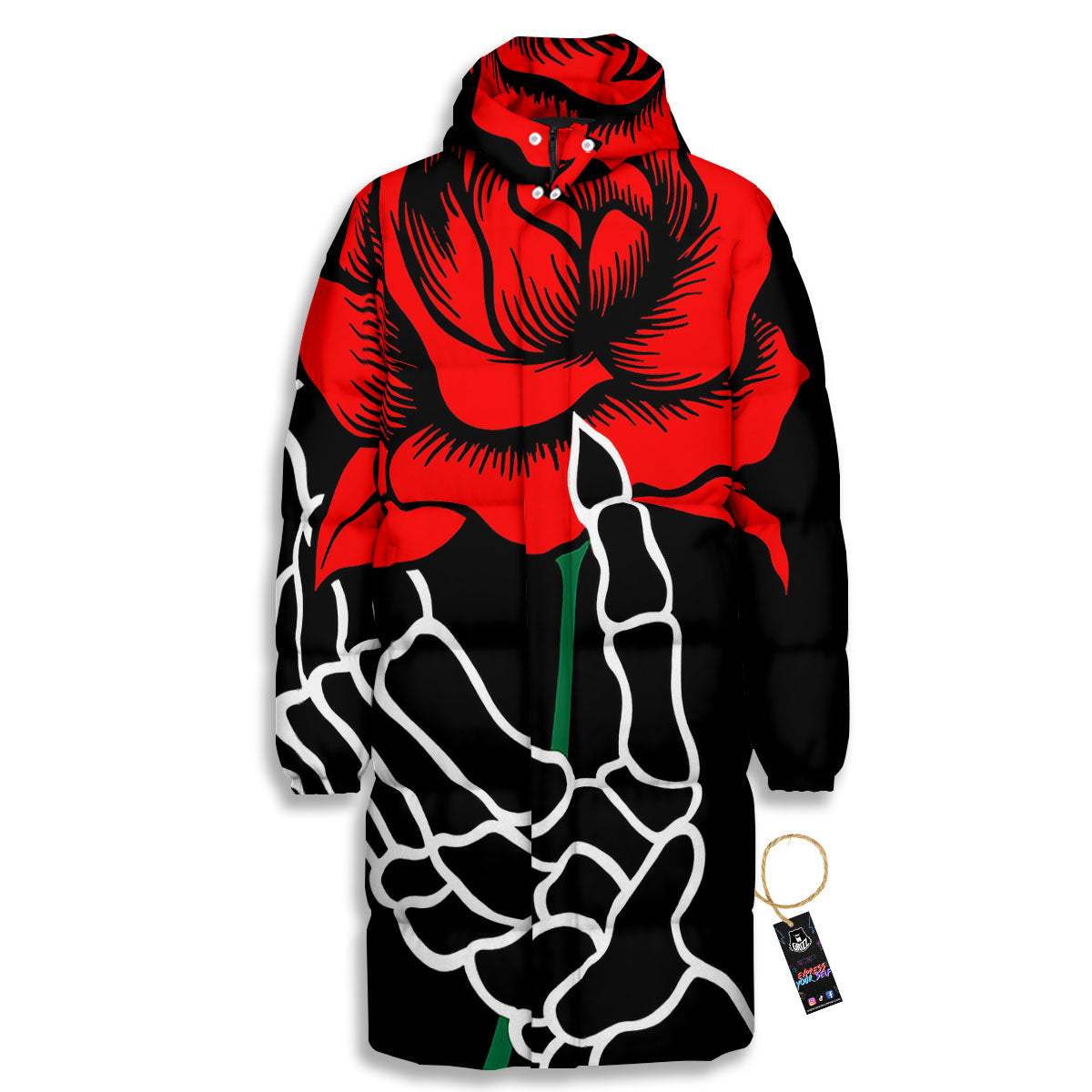 Tattoo Red Roses Print Long Down Jacket-grizzshop