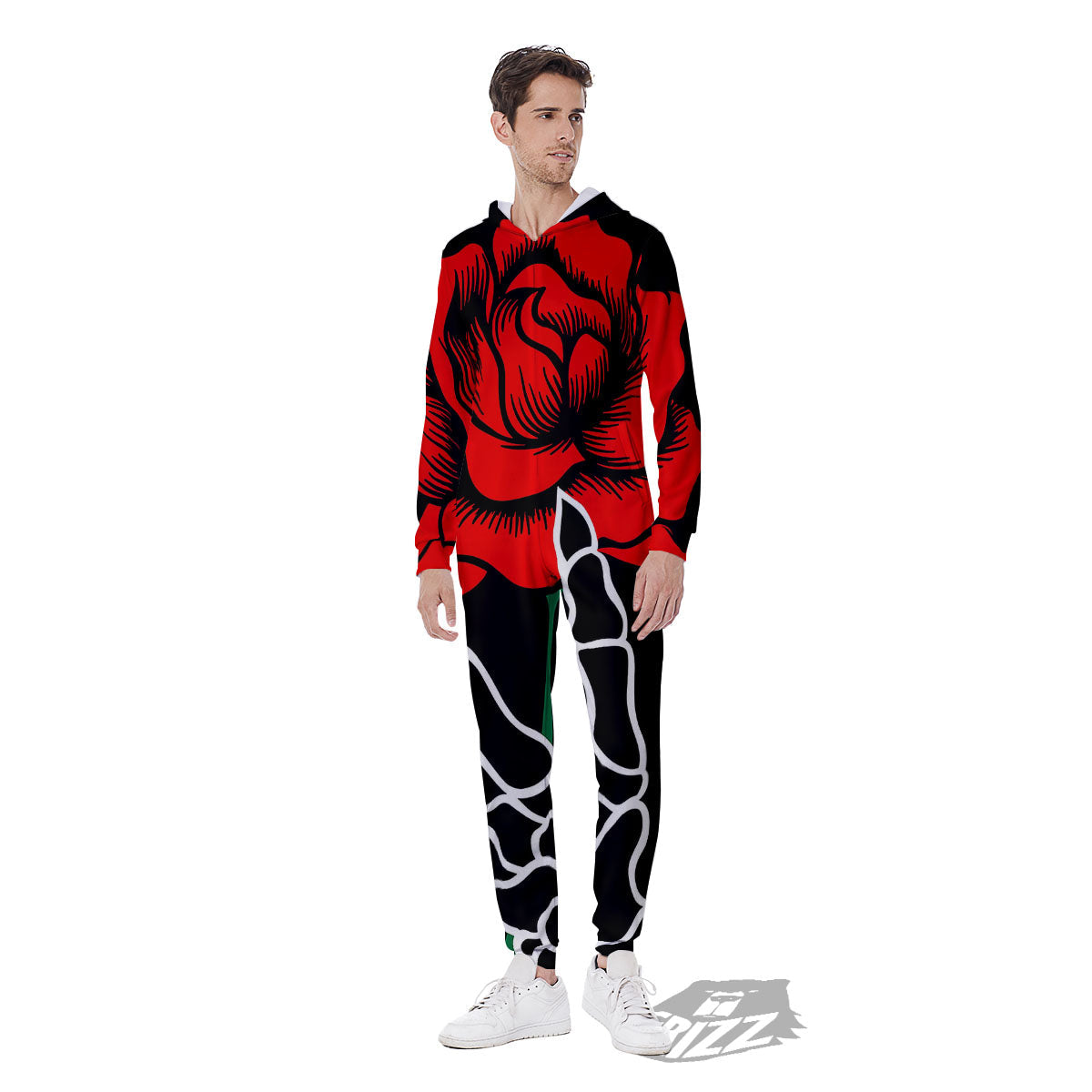 Tattoo Red Roses Print Men's Jumpsuit-grizzshop