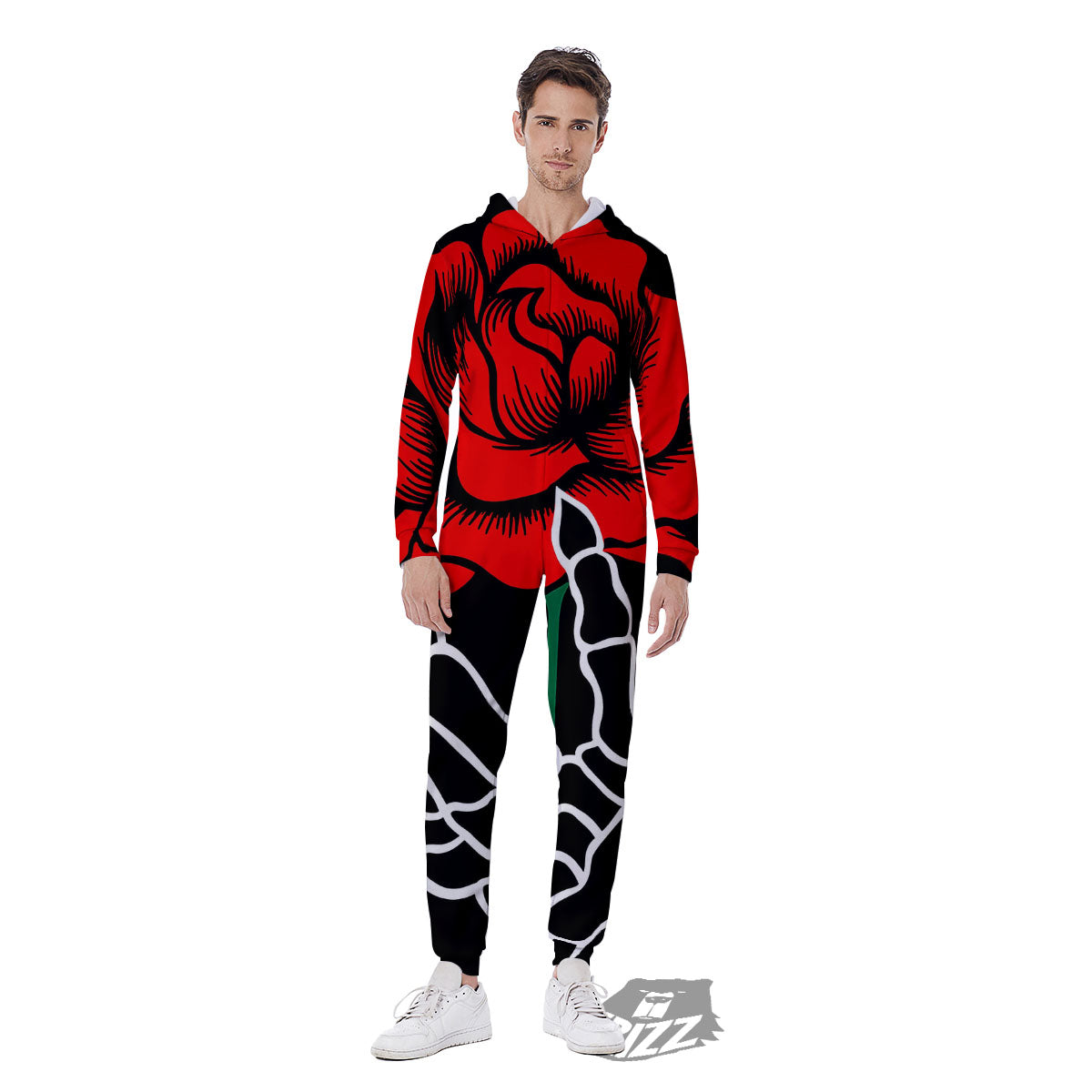 Tattoo Red Roses Print Men's Jumpsuit-grizzshop