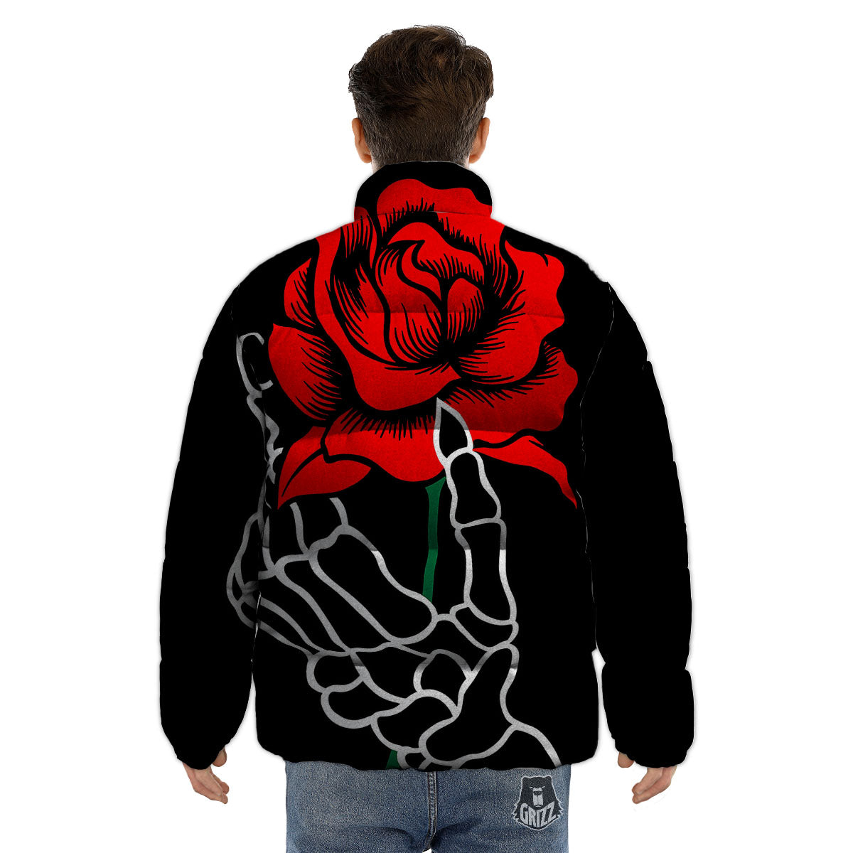 Tattoo Red Roses Print Puffer Jacket-grizzshop