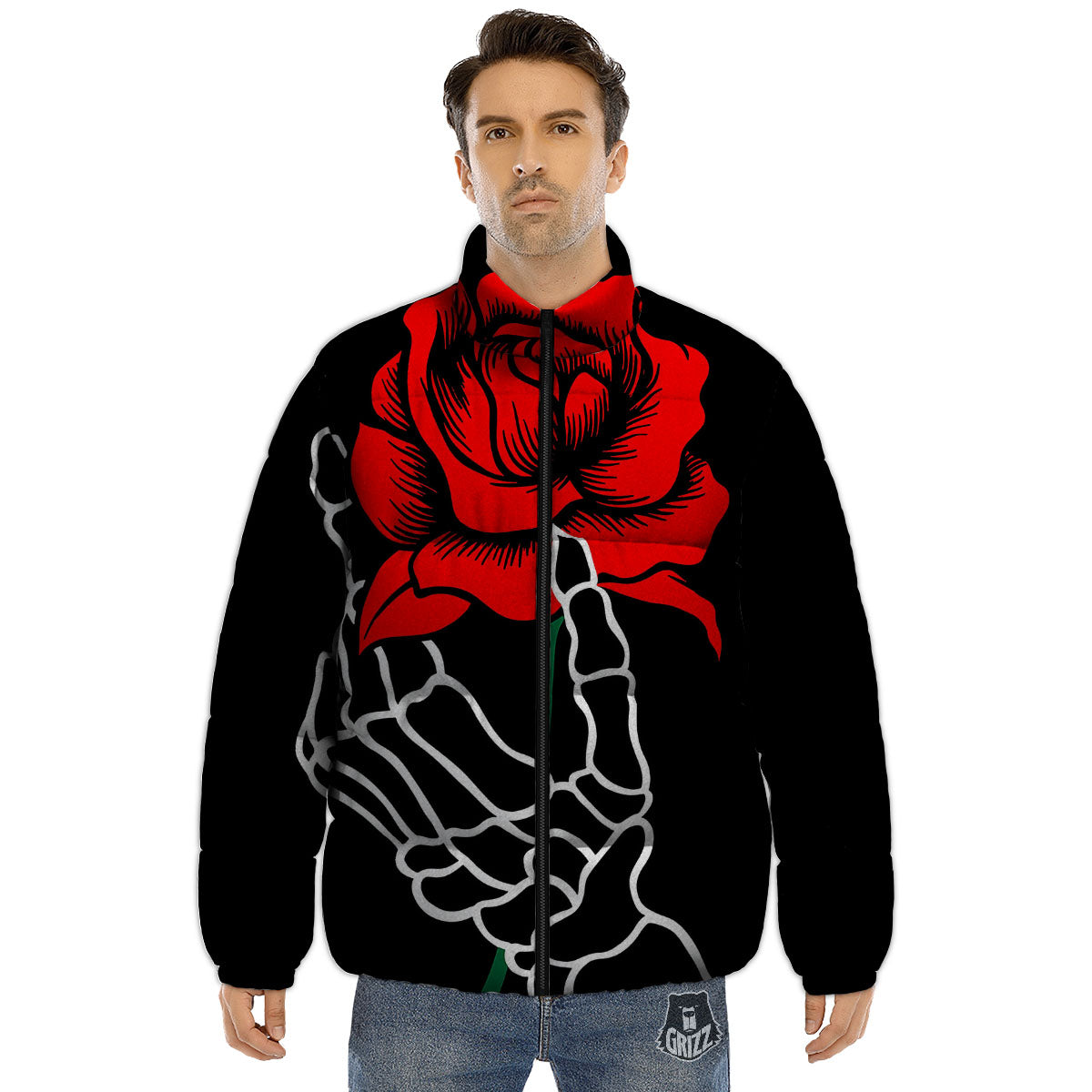 Tattoo Red Roses Print Puffer Jacket-grizzshop