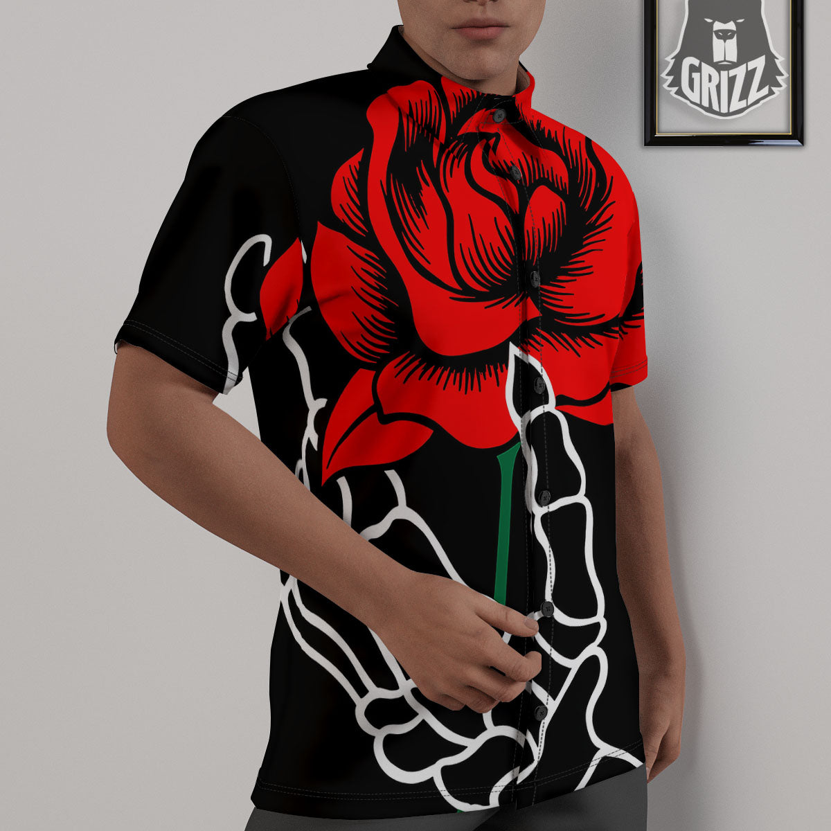 Tattoo Red Roses Print Untucked Shirts-grizzshop