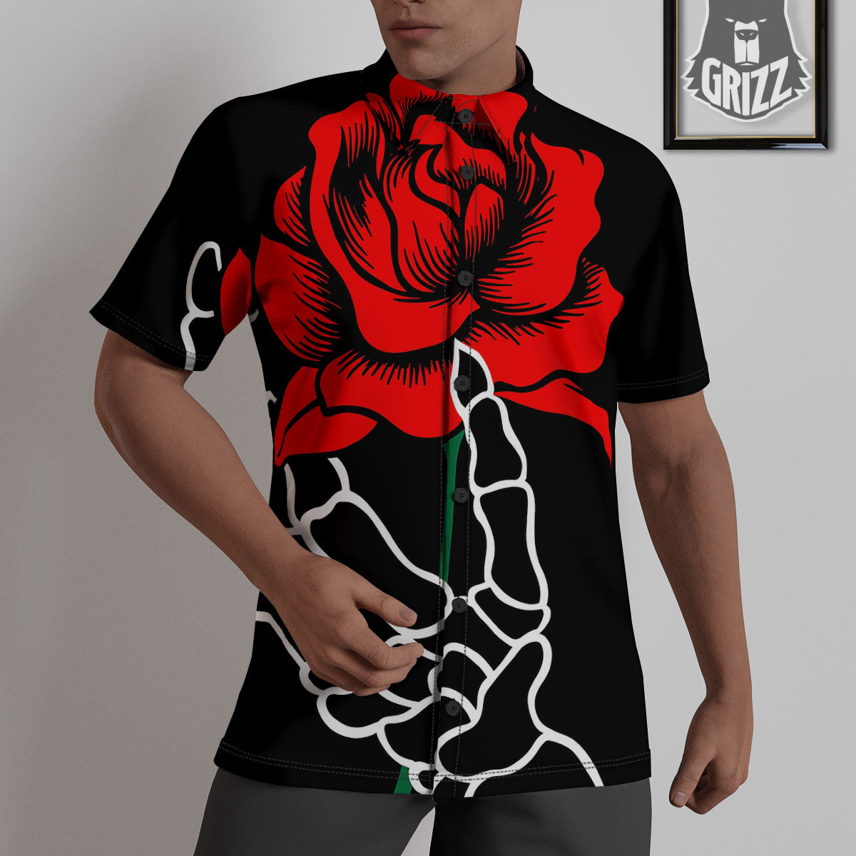 Tattoo Red Roses Print Untucked Shirts-grizzshop