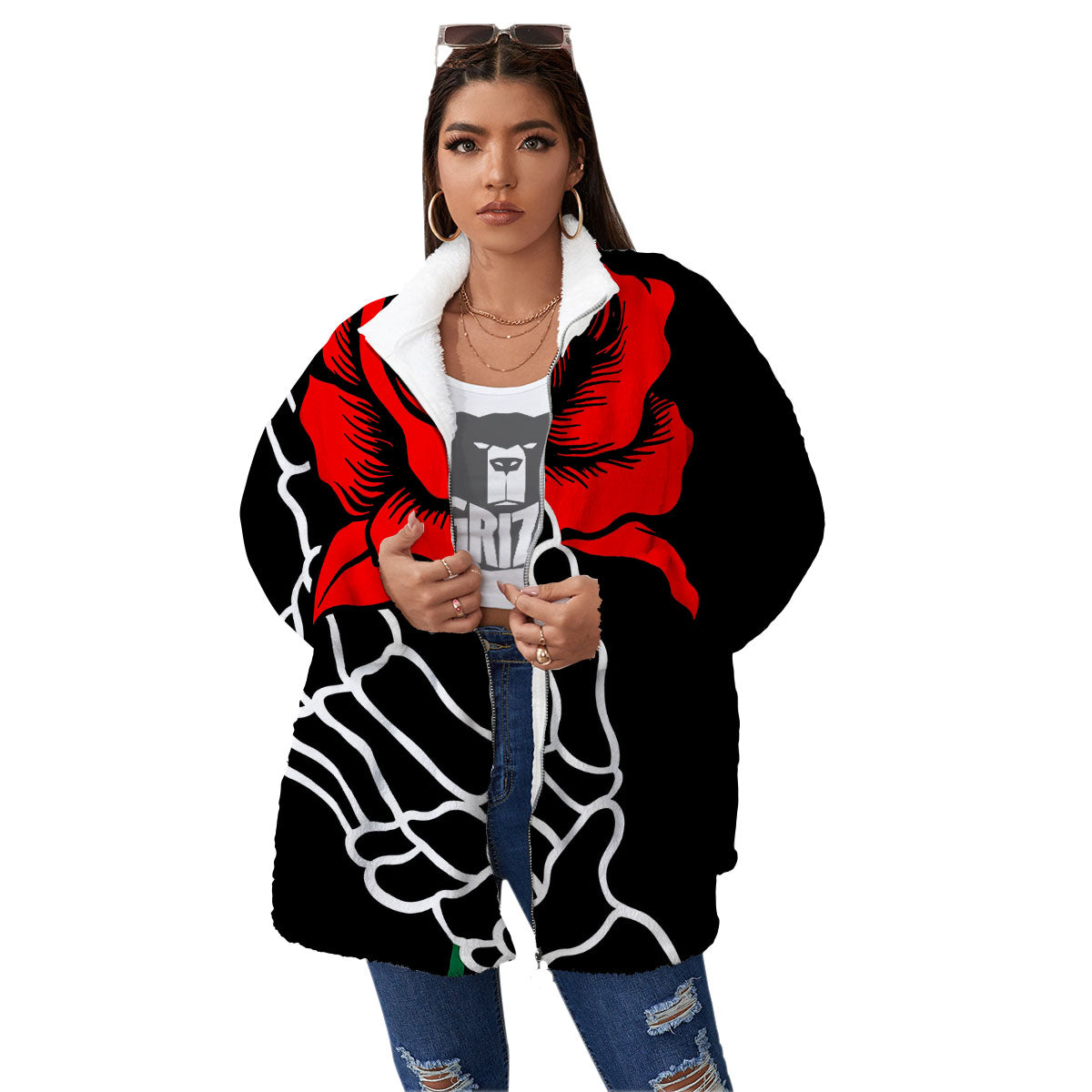 Tattoo Red Roses Print Women's Sherpa Jacket-grizzshop