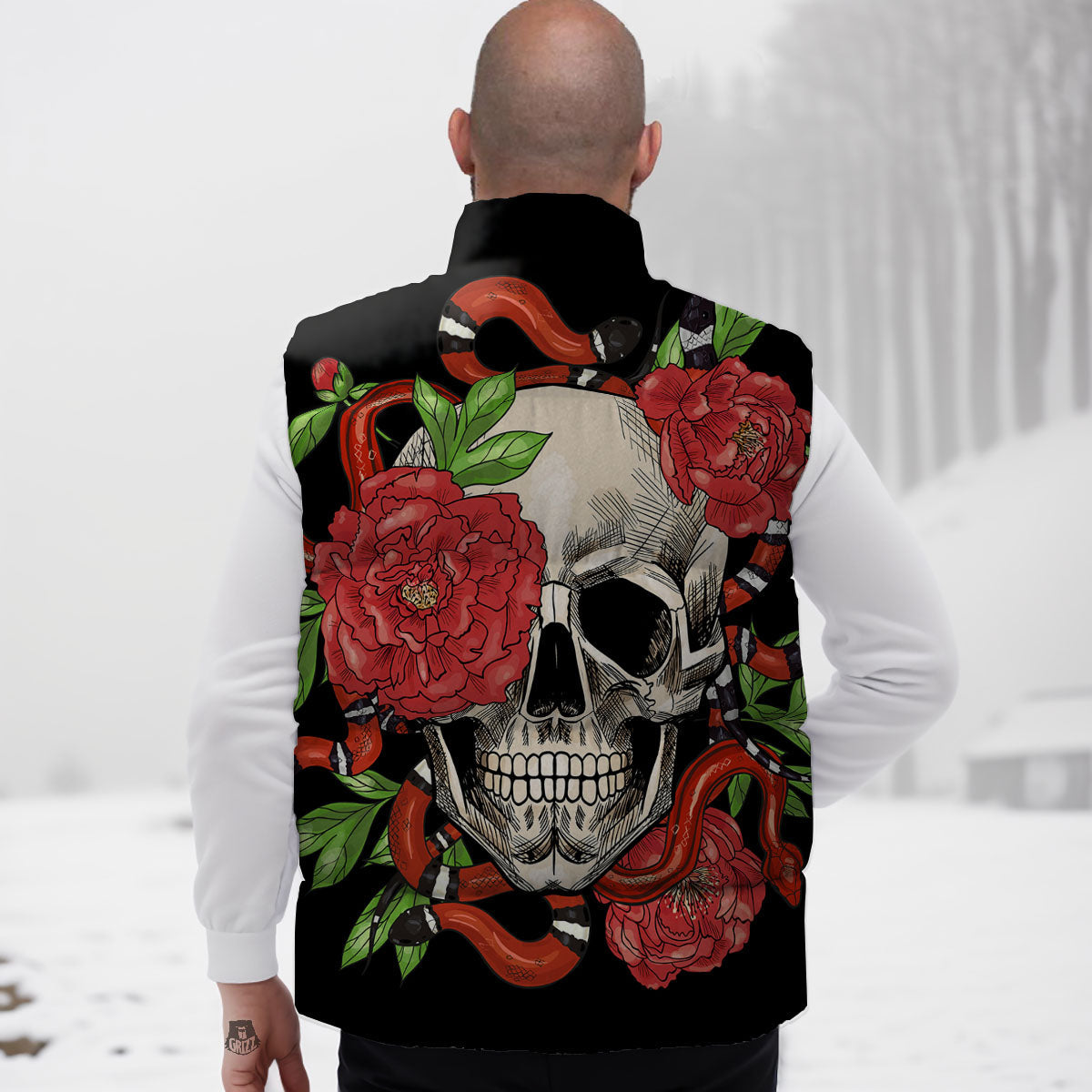 Tattoo Roses And Skull Print Down Vest