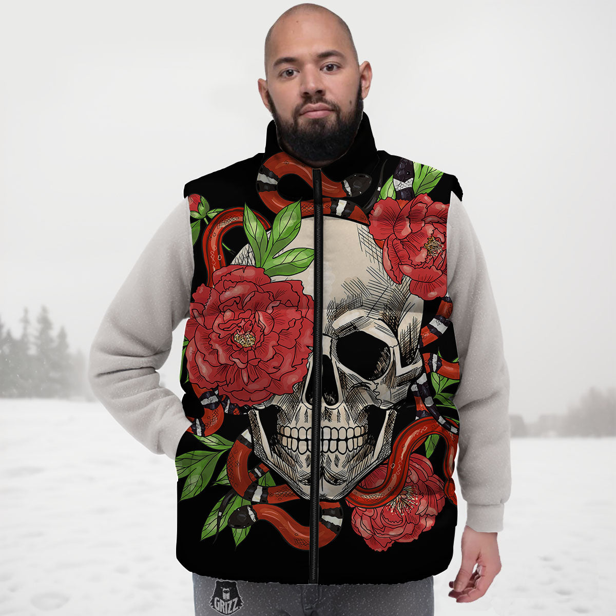 Tattoo Roses And Skull Print Down Vest