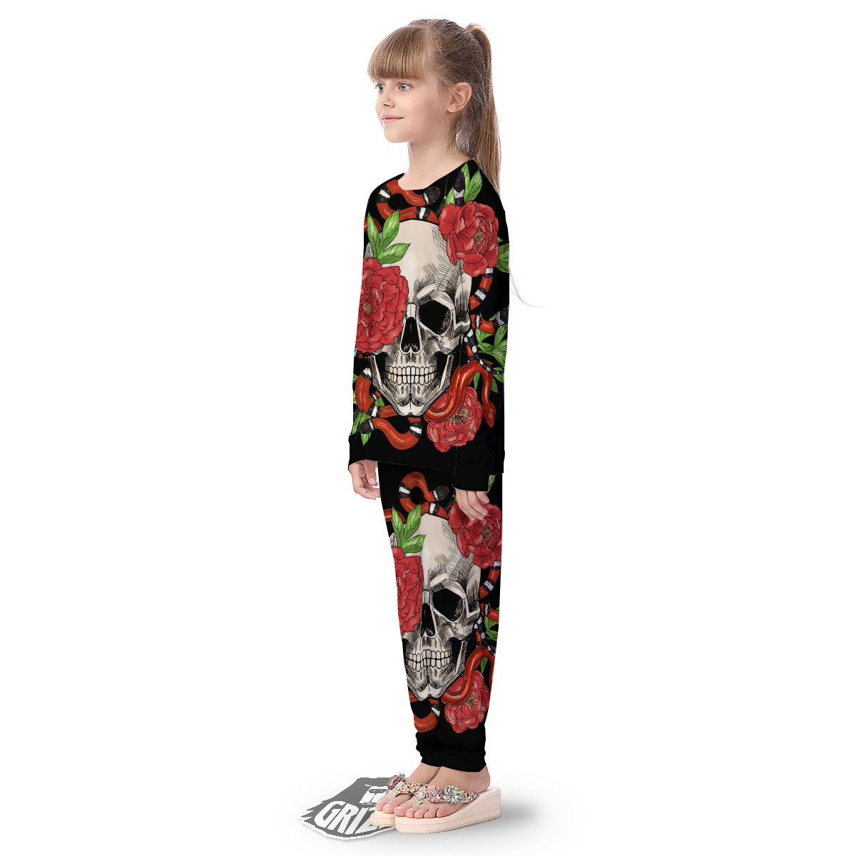 Tattoo Roses And Skull Print Kid's Pajamas-grizzshop