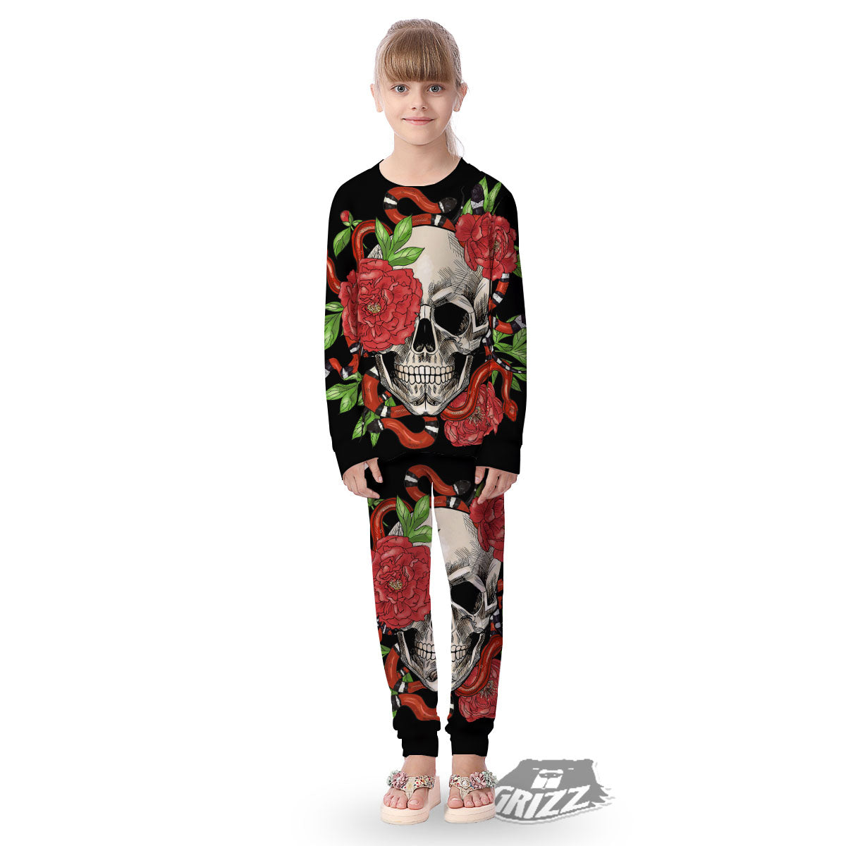Tattoo Roses And Skull Print Kid's Pajamas-grizzshop