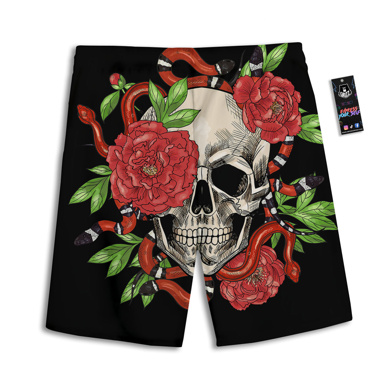 Tattoo Roses And Skull Print Men's Athletic Shorts