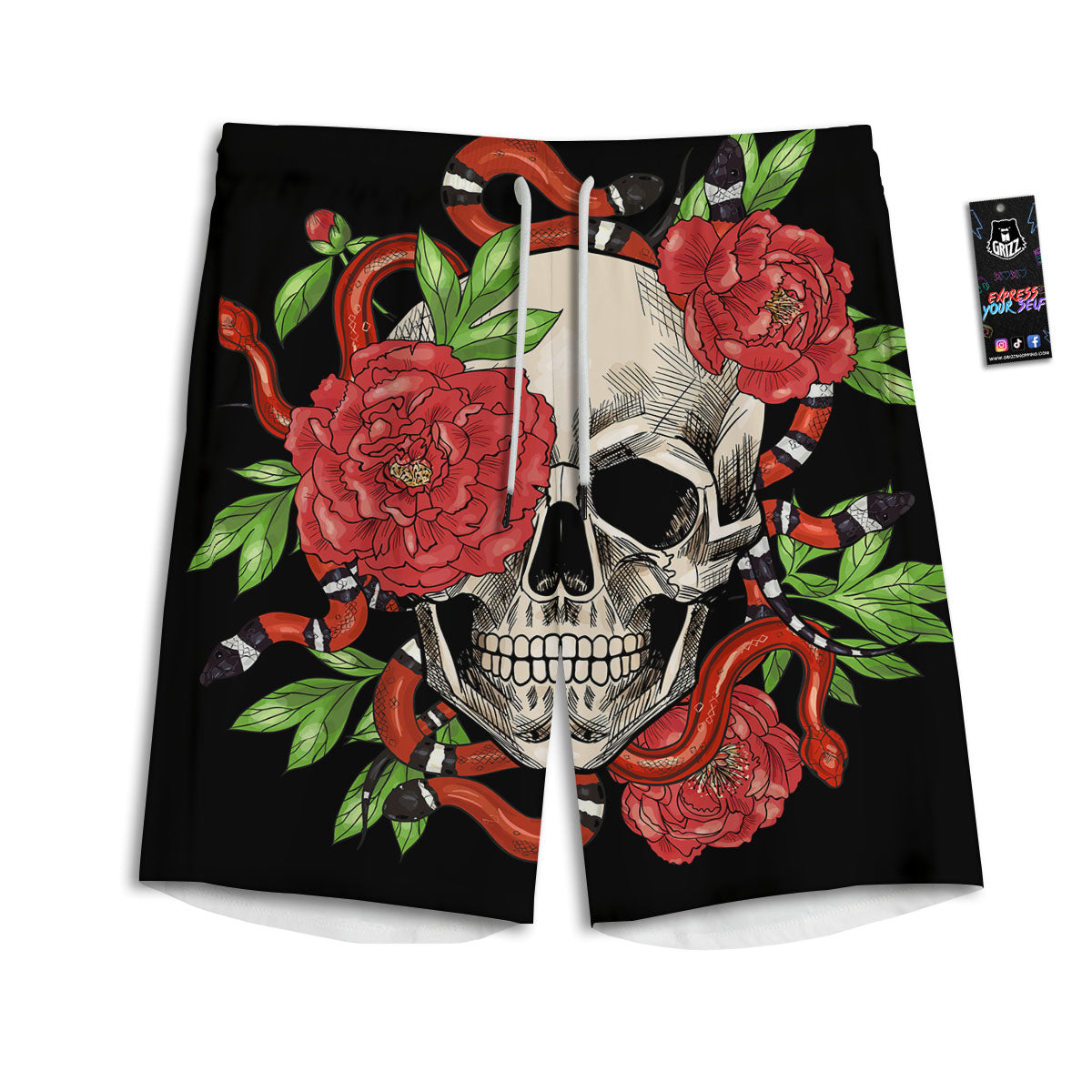 Tattoo Roses And Skull Print Men's Athletic Shorts
