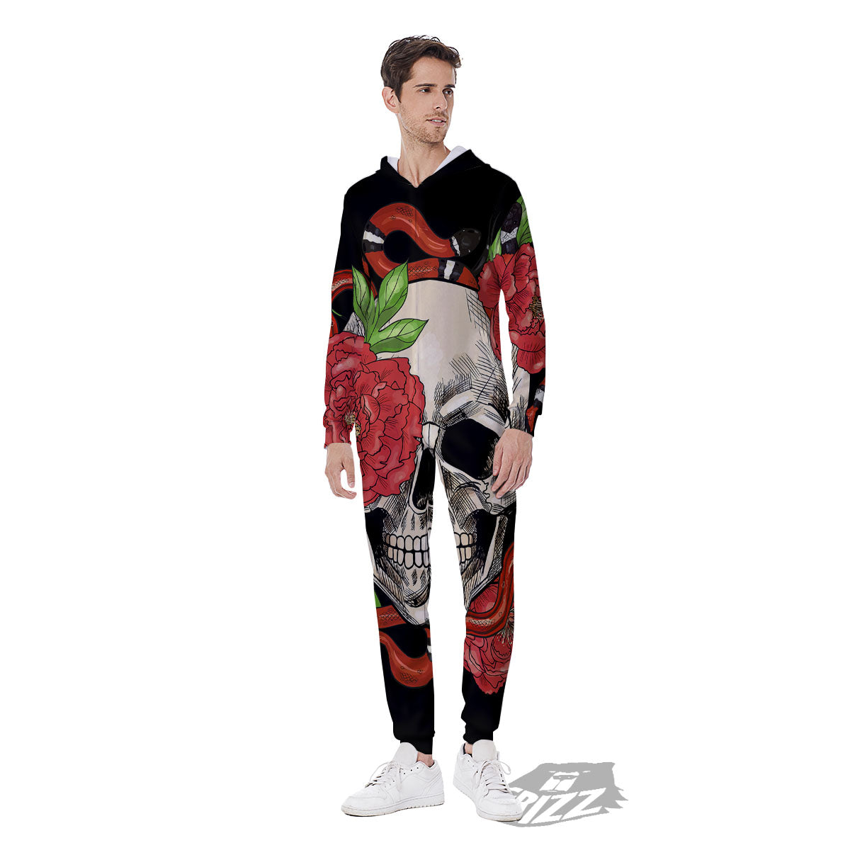 Tattoo Roses And Skull Print Men's Jumpsuit-grizzshop