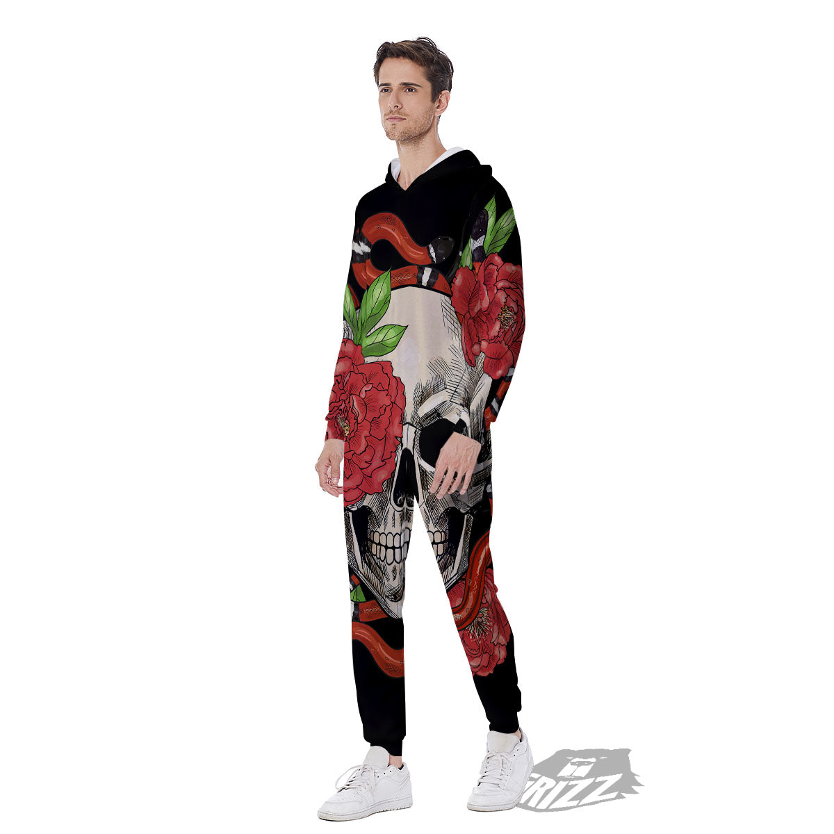 Tattoo Roses And Skull Print Men's Jumpsuit-grizzshop