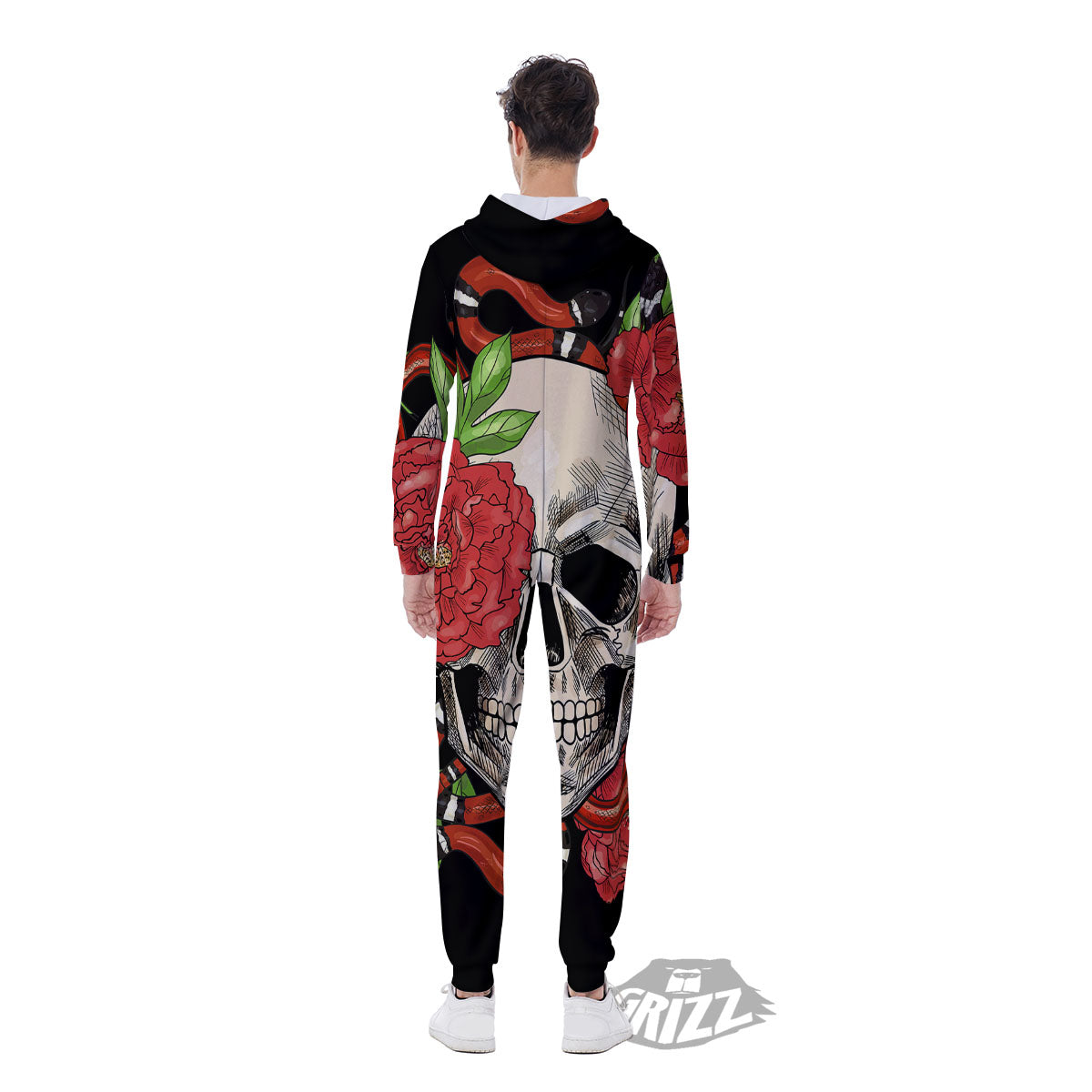 Tattoo Roses And Skull Print Men's Jumpsuit-grizzshop
