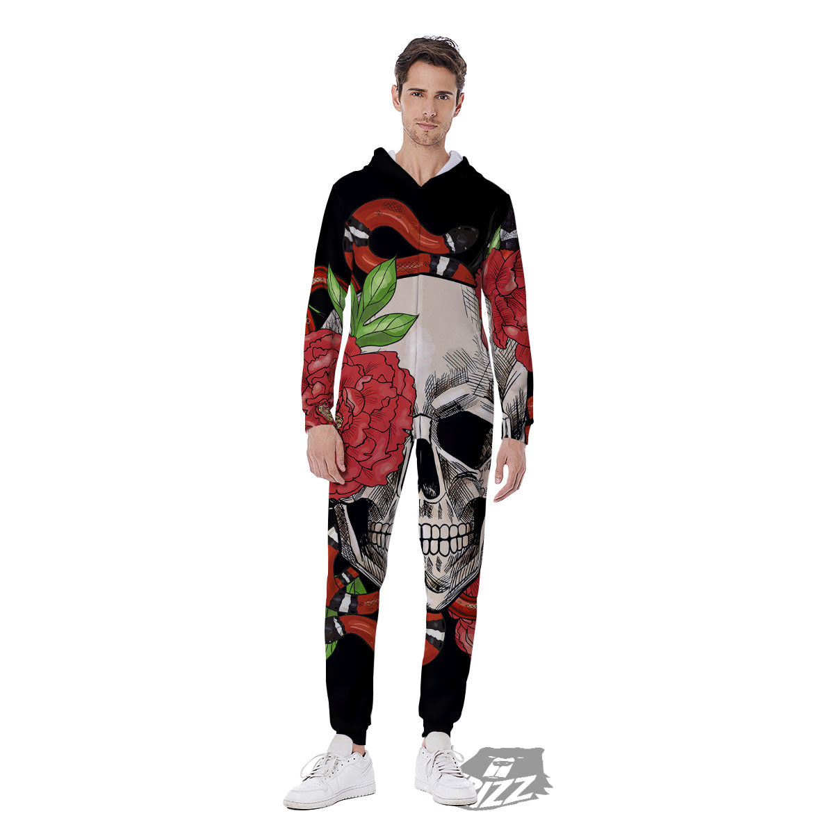 Tattoo Roses And Skull Print Men's Jumpsuit-grizzshop