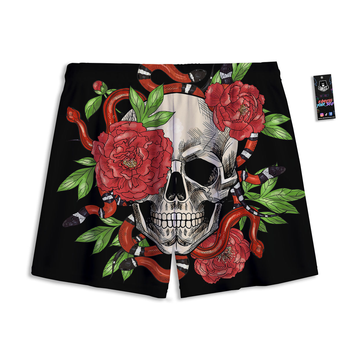 Tattoo Roses And Skull Print Mesh Shorts