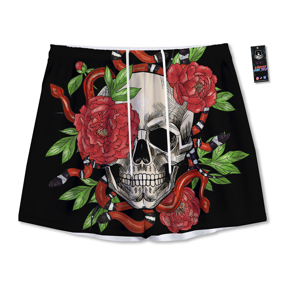 Tattoo Roses And Skull Print Mesh Shorts