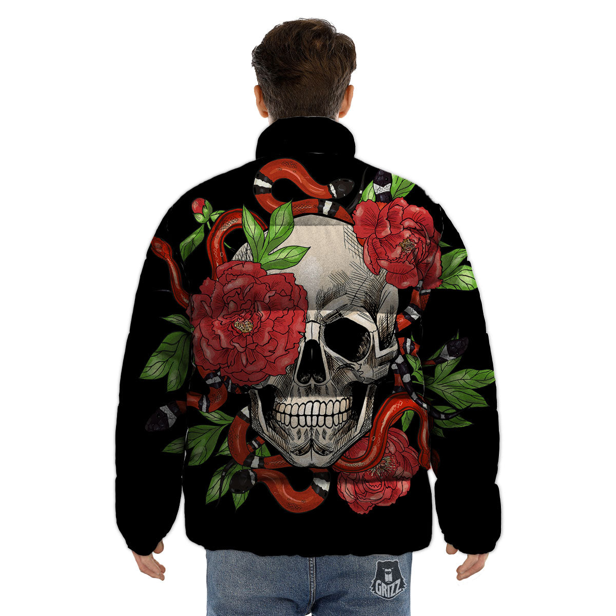 Tattoo Roses And Skull Print Puffer Jacket-grizzshop