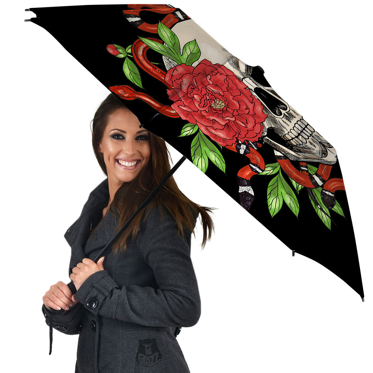 Tattoo Roses And Skull Print Umbrella-grizzshop