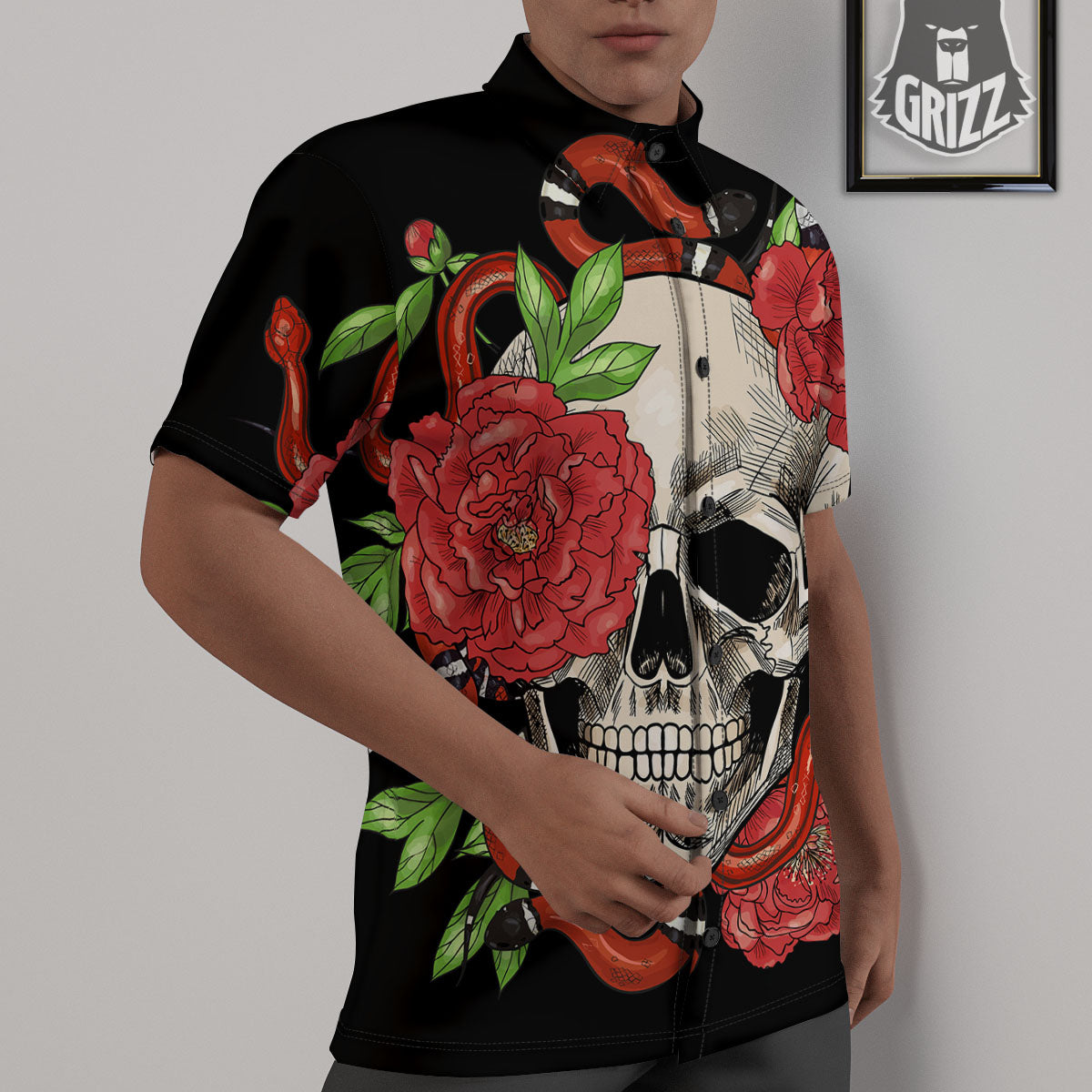 Tattoo Roses And Skull Print Untucked Shirts-grizzshop