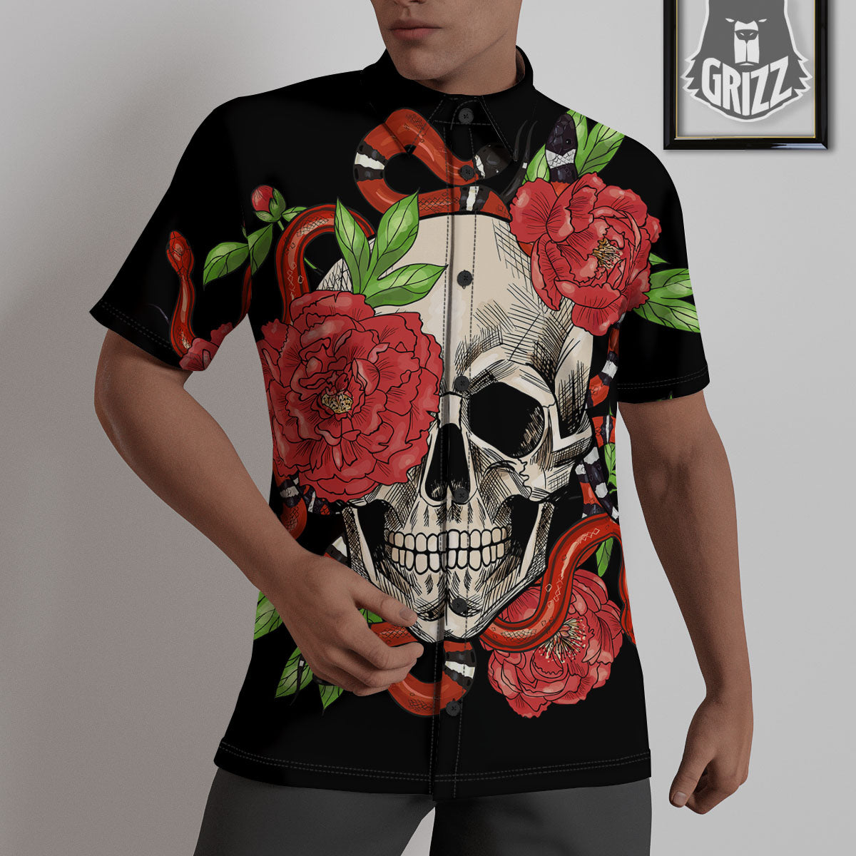 Tattoo Roses And Skull Print Untucked Shirts-grizzshop