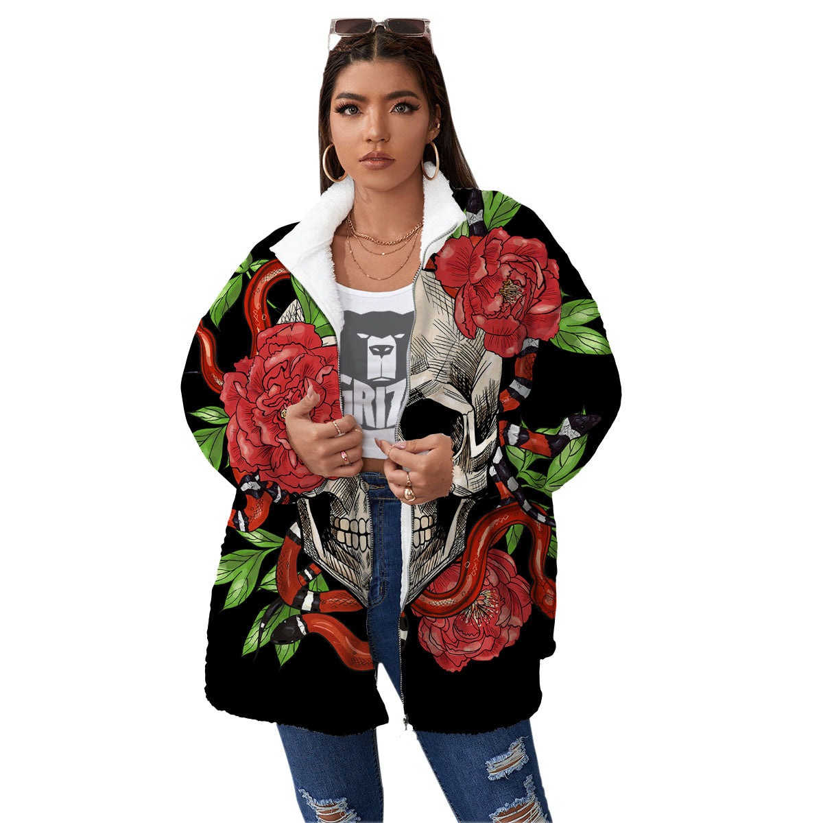 Tattoo Roses And Skull Print Women's Sherpa Jacket-grizzshop
