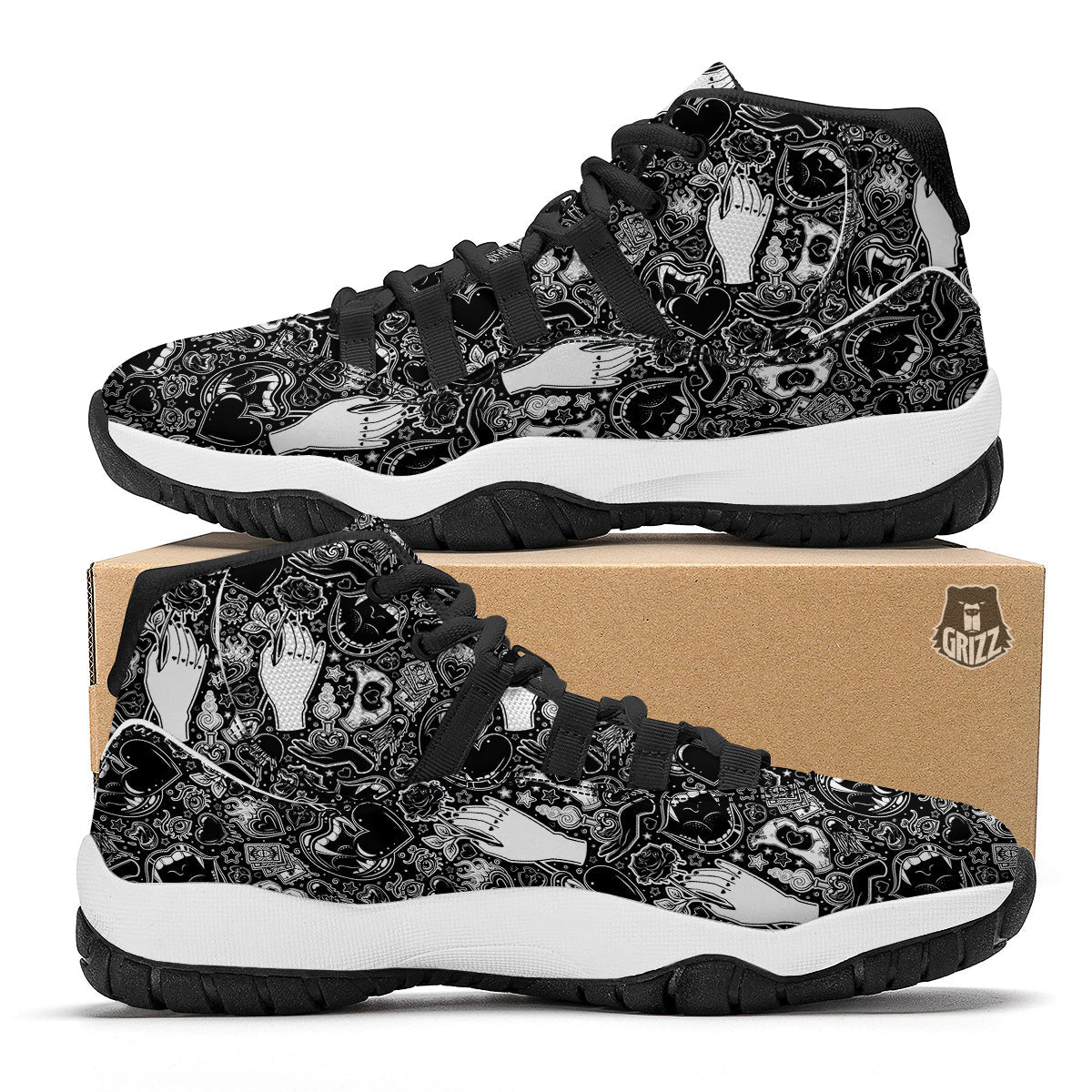 Tattoo Vampire Black and White Print Pattern Black Bball Shoes-grizzshop