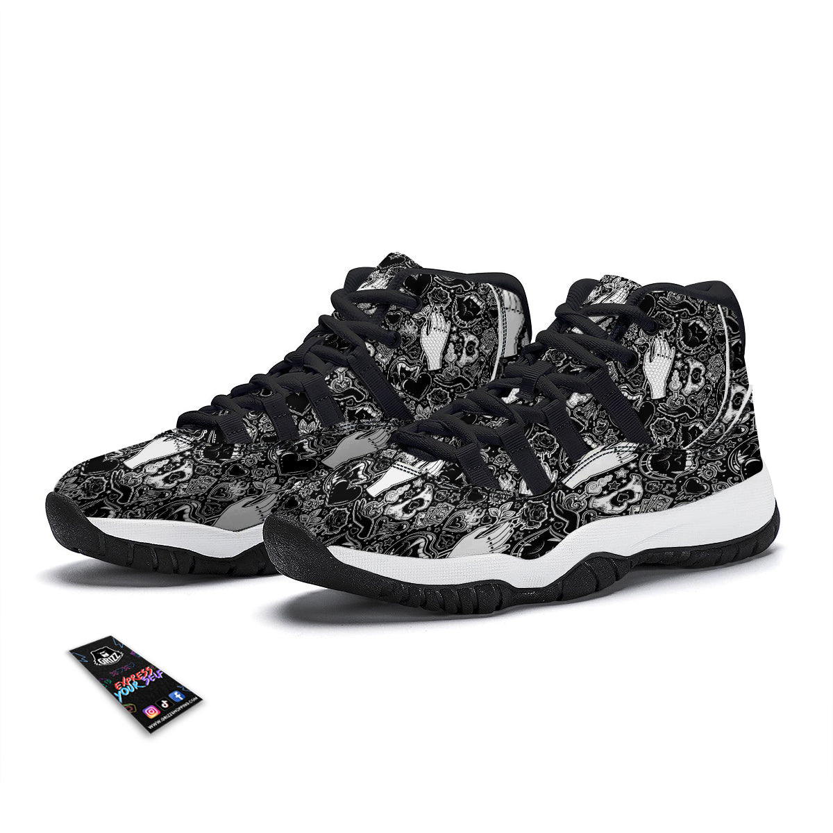 Tattoo Vampire Black and White Print Pattern Black Bball Shoes-grizzshop