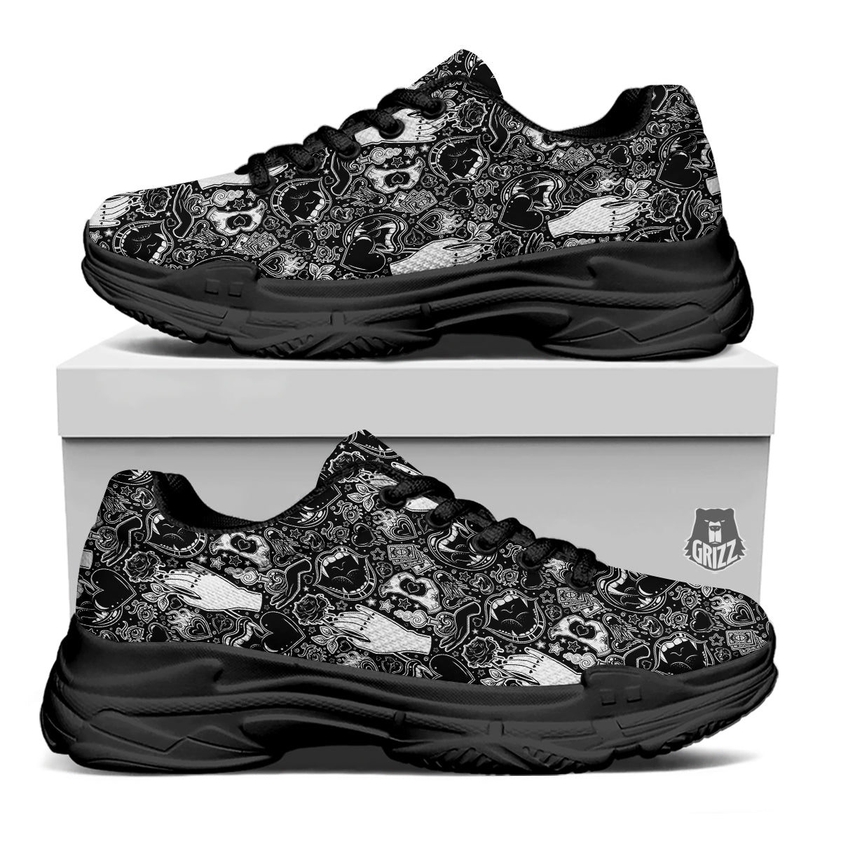 Tattoo Vampire Black and White Print Pattern Black Chunky Shoes-grizzshop