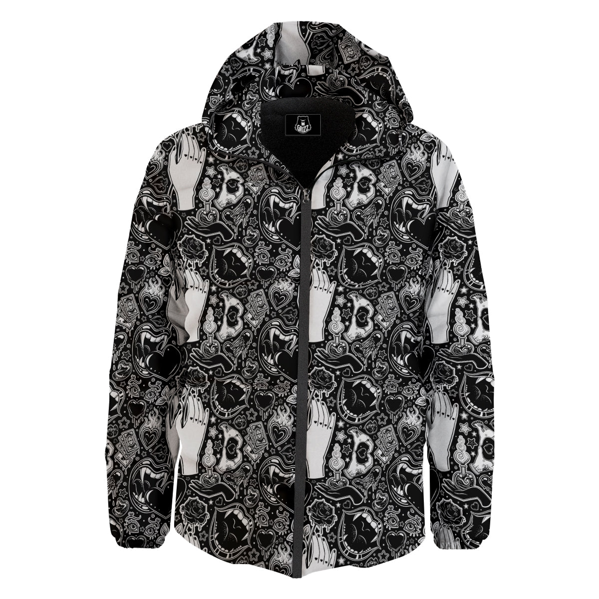 Tattoo Vampire Black and White Print Pattern Down Jacket-grizzshop