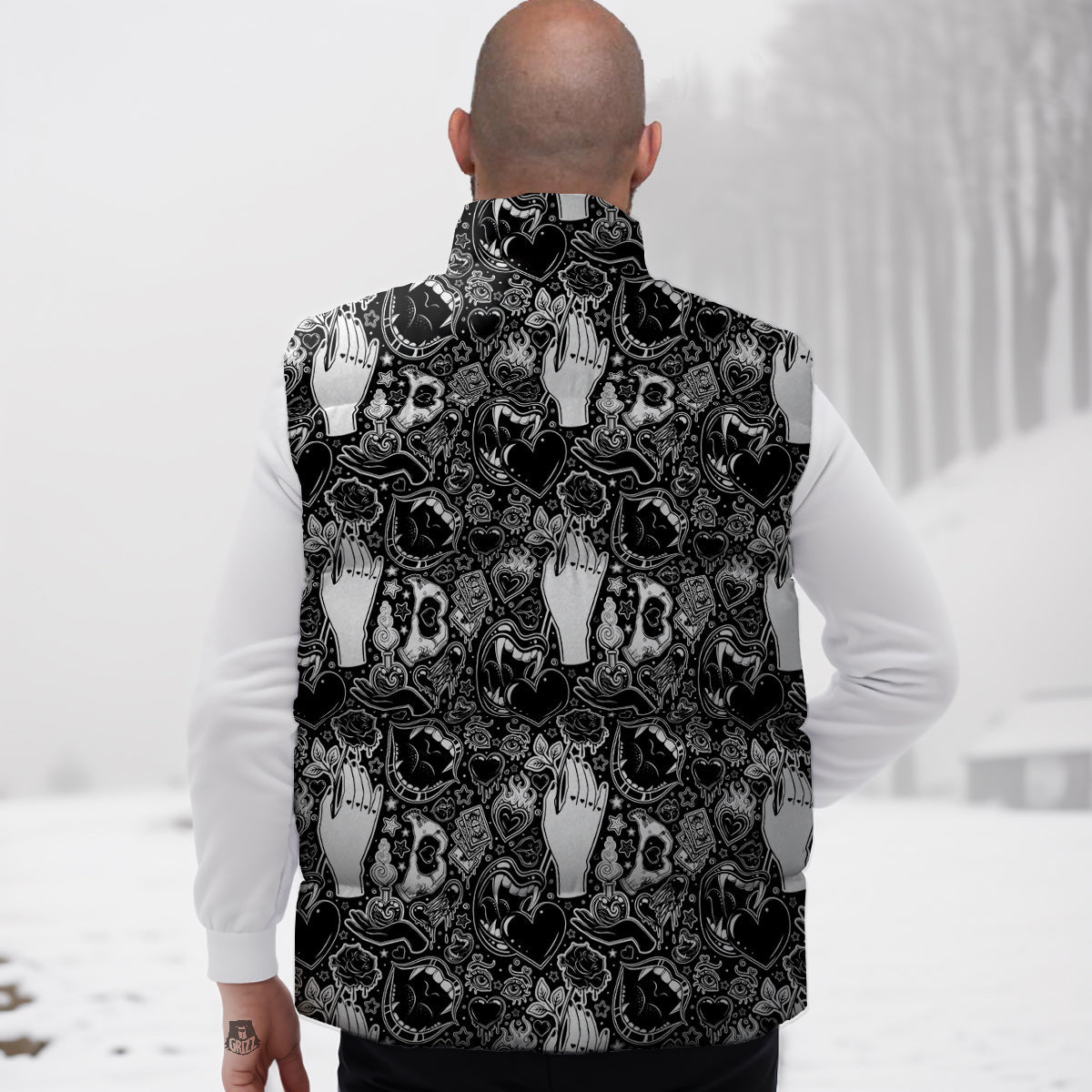 Tattoo Vampire Black and White Print Pattern Down Vest