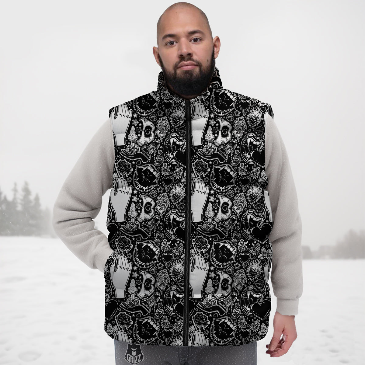 Tattoo Vampire Black and White Print Pattern Down Vest