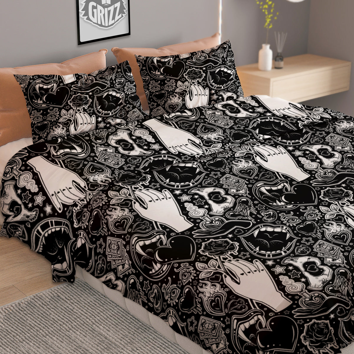 Tattoo Vampire Black and White Print Pattern Duvet Cover Bedding Set