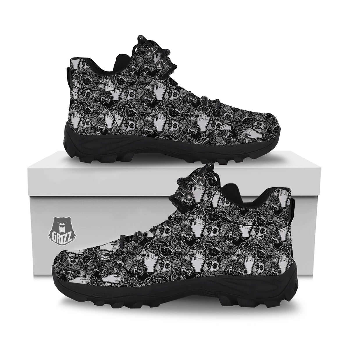 Tattoo Vampire Black and White Print Pattern Hiking Shoes-grizzshop