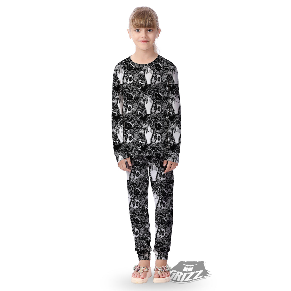 Tattoo Vampire Black and White Print Pattern Kid's Pajamas-grizzshop