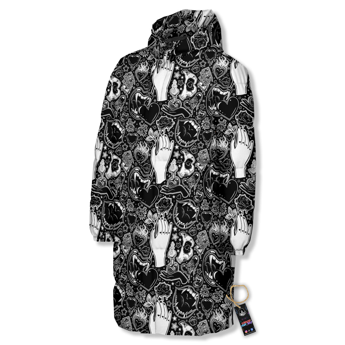Tattoo Vampire Black and White Print Pattern Long Down Jacket-grizzshop