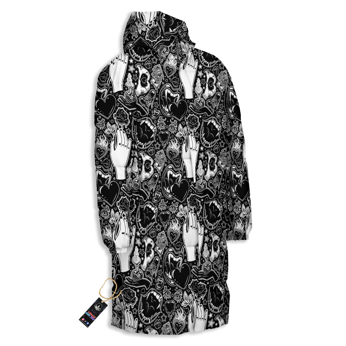 Tattoo Vampire Black and White Print Pattern Long Down Jacket-grizzshop