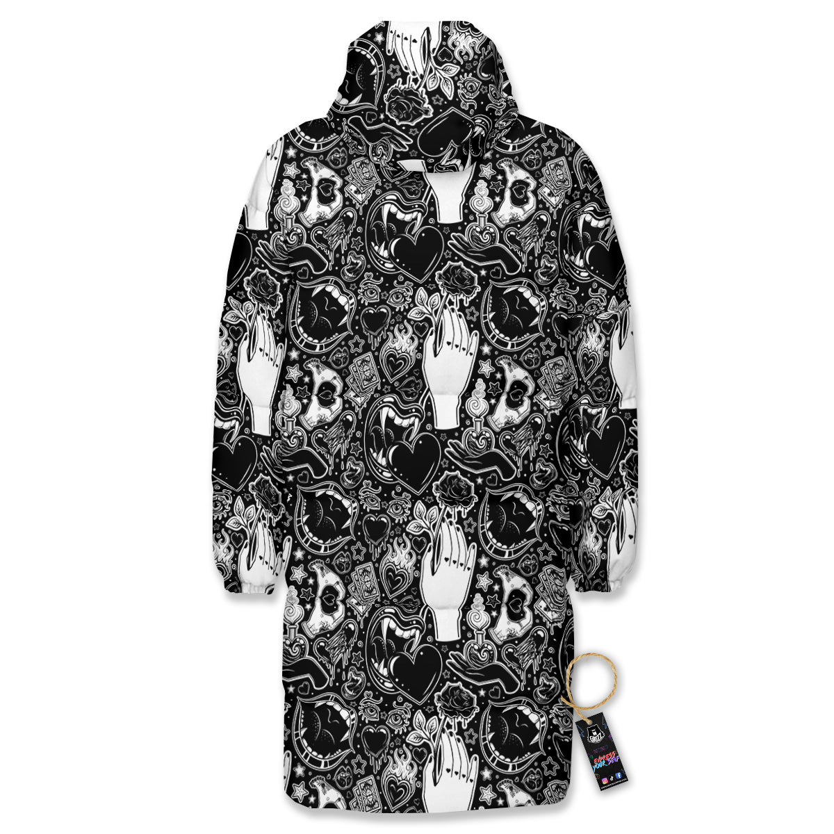 Tattoo Vampire Black and White Print Pattern Long Down Jacket-grizzshop