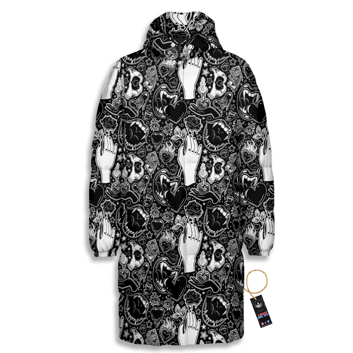 Tattoo Vampire Black and White Print Pattern Long Down Jacket-grizzshop