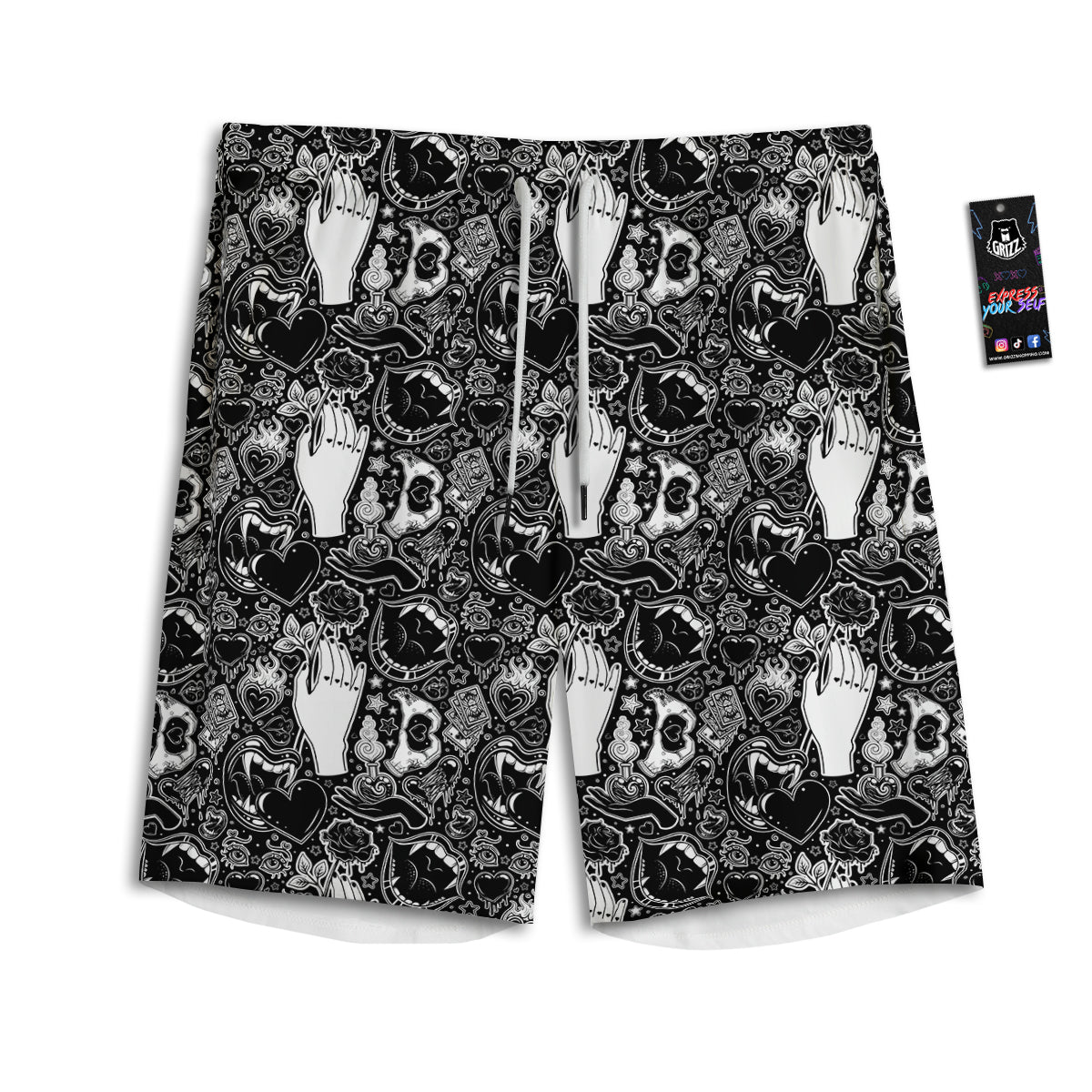 Tattoo Vampire Black and White Print Pattern Men's Athletic Shorts