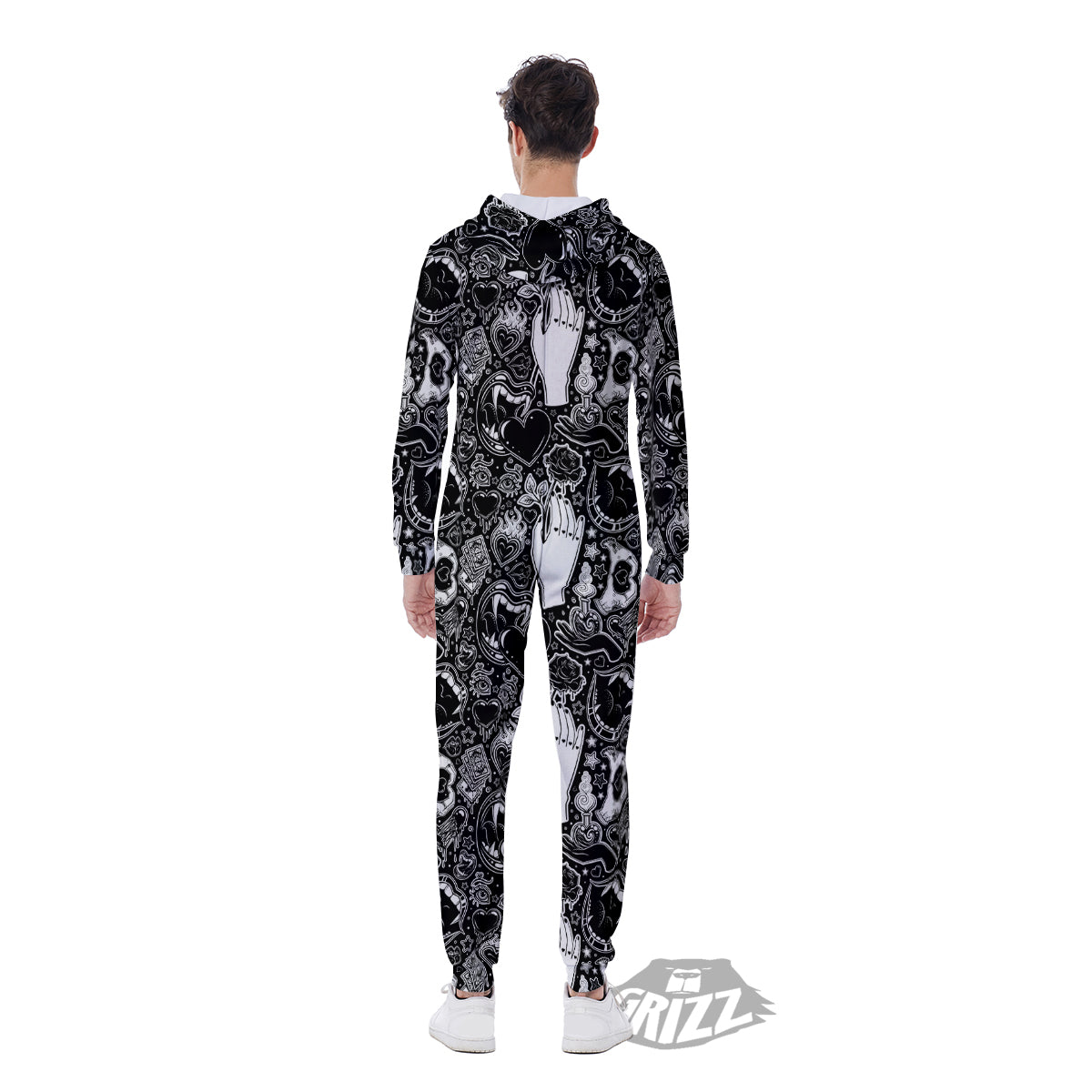 Tattoo Vampire Black and White Print Pattern Men's Jumpsuit-grizzshop