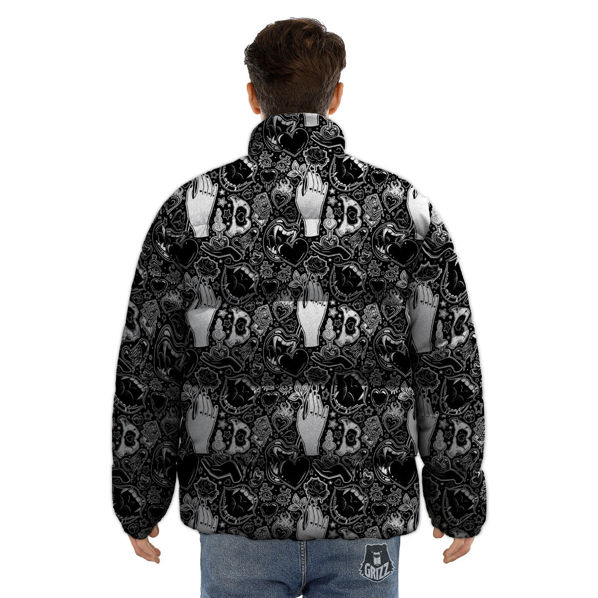 Tattoo Vampire Black and White Print Pattern Puffer Jacket-grizzshop
