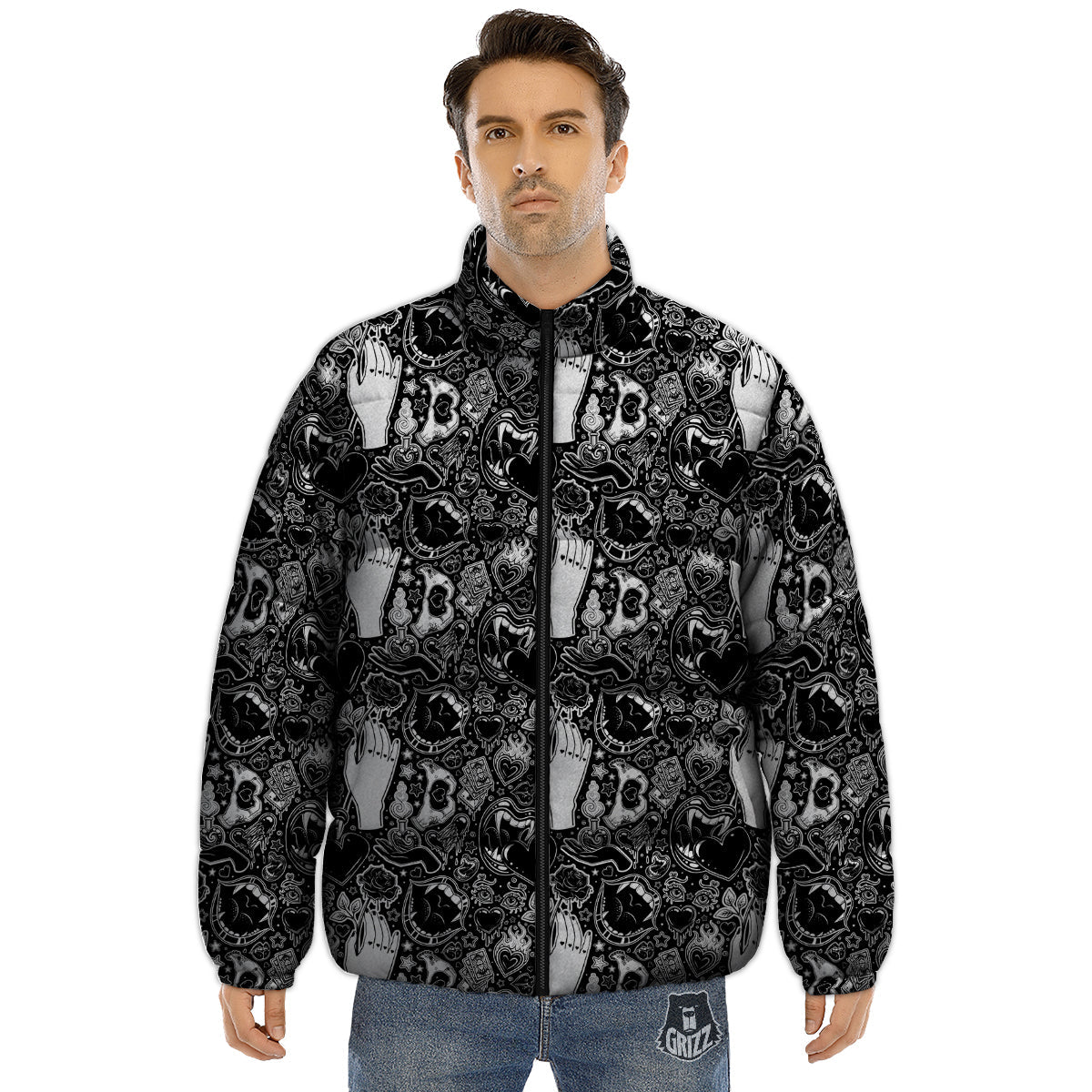 Tattoo Vampire Black and White Print Pattern Puffer Jacket-grizzshop