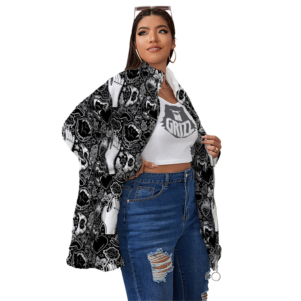 Tattoo Vampire Black and White Print Pattern Women's Sherpa Jacket-grizzshop