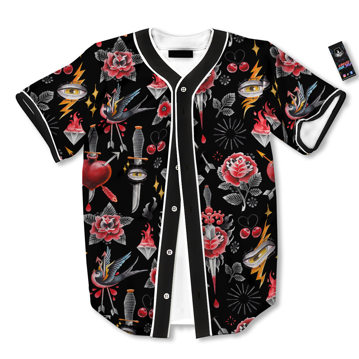 Tattoo Watercolor Print Pattern Baseball Jersey-grizzshop