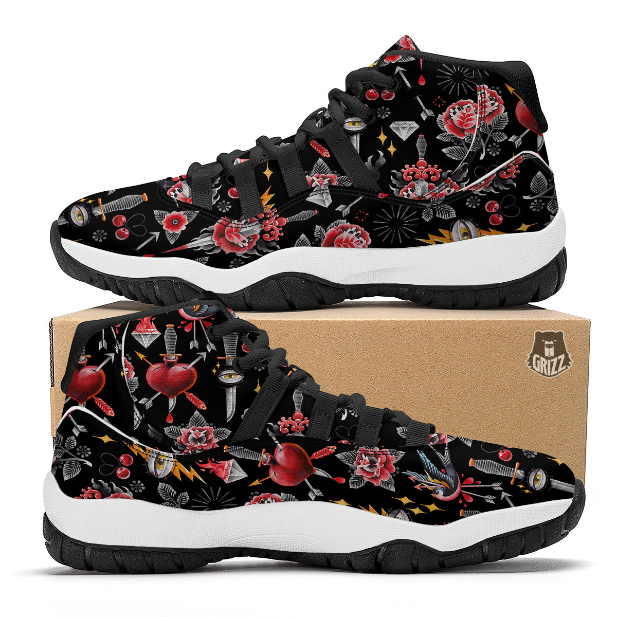 Tattoo Watercolor Print Pattern Black Bball Shoes-grizzshop